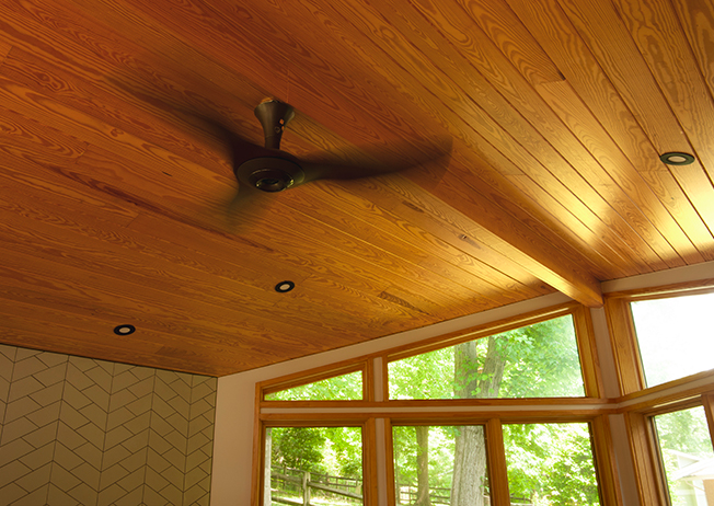 Tongue and groove cedar ceiling with Big Ass Fan